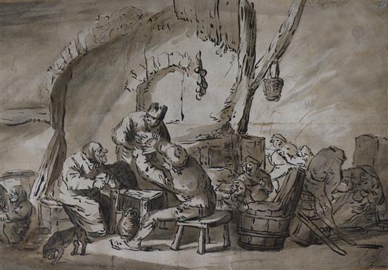 Dutch School, old master drawing, Tavern interior, indistinctly signed, 24 x 34cm, unframed